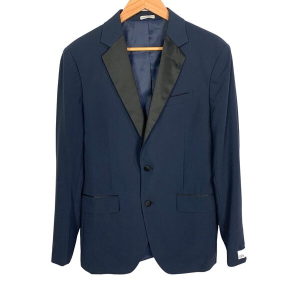 Mens Navy Blue Trim Fit Tuxedo Jacket Black Satin Shawl Lapel 40R Nordstrom Rack - Picture 2 of 13
